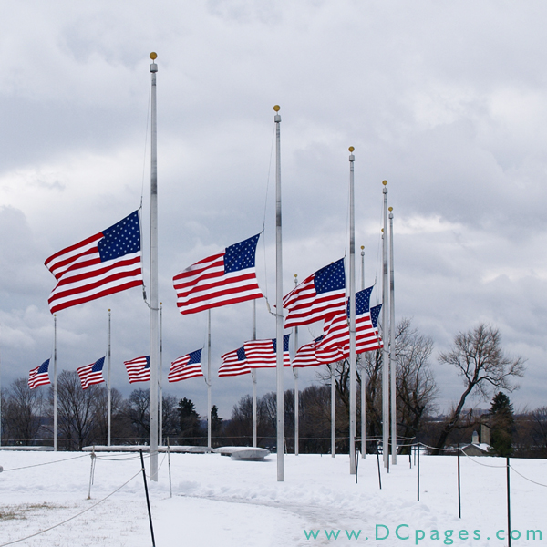 The Washington Monument is surrounded by 50 flagpoles, with each flag representing one state. In this photo the flags are half staff to honor the passing of U.S. Sen. George A. Smathers