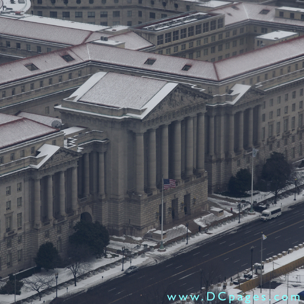 View of Mellon Auditorium taken from the observation floor of the Washington Monument.