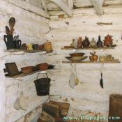 Cooking and food storage. Peg driven shelves. The interior is white washed to keep bugs and reflects the light. Made from lime, water, molasses and salt.