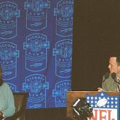 Brian McCarthy, the Director of Corporate Communications for the NFL, asks Aretha Franklin how she feels about performing at the NFL Kickoff Live.