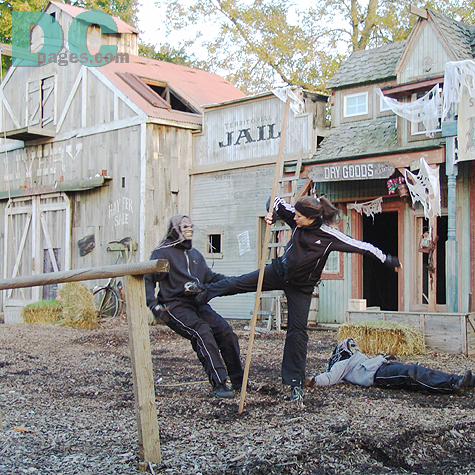 This stunt girl knows how to send ghouls flying with a karate kick.