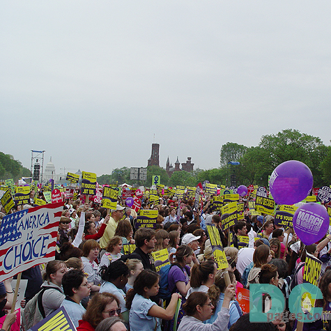 Women, Men and Children filled the National Mall from the Washington Monument to the U.S. Capitol in support of Reproductive Rights.  This group of supporters from NARAL hold signs which read WHO DECIDES? and ITS YOUR CHOICE ... NOT THEIRS.  One activist holds a hand-made sign stating the AMERICA IS CHOICE within a U.S. Flag.