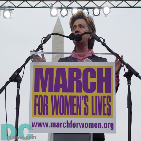 With the Washington Monument as a backdrop, Senator Hillary Clinton speaks in support of reproductive rights on April 25, 2004.