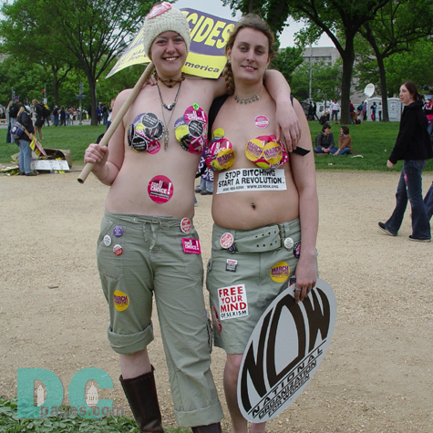 Marchers convey their message through creative use of stickers.