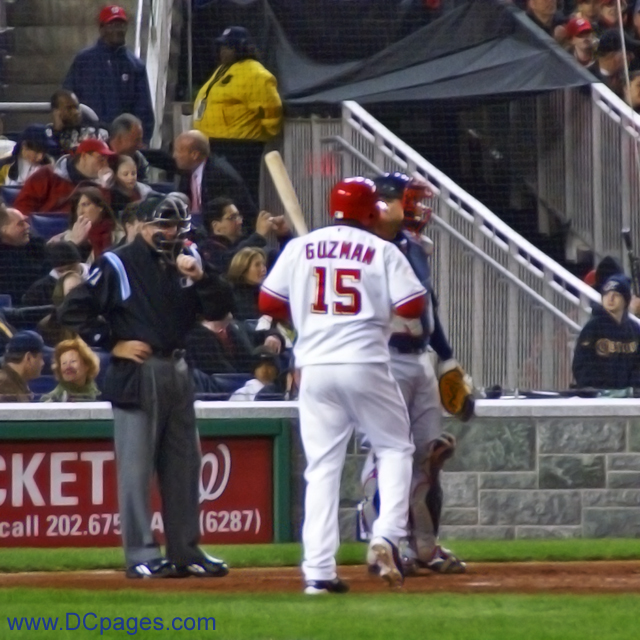 Starting SS Cristian Guzman gets ready to take the first Washington Nationals at-bat for the new 2008 season.