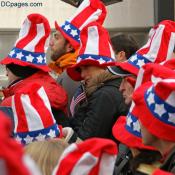 Patriotic first-day souvenir hats were given to the first guests