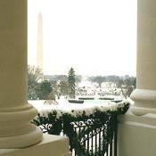 Through the pillars, a beautiful view of the Washington Monument 