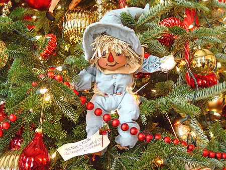 The Scarecrow from the Wizard of Oz was one of many children's book characters hanging from the Christmas Tree. 