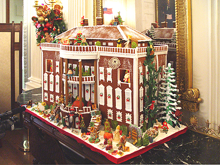 The original White House made from 80 pounds of gingerbread, 45 pounds of chocolate, and 30 pounds of marzipan.
