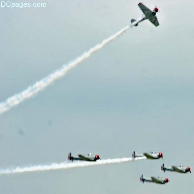 SNJ's made by North American Aviation flying in formation: Camp Springs, Maryland