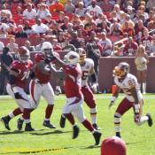 Kurt Warner (13) starts the game with pass short middle to Anquan Boldin (81) 