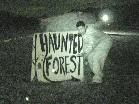 An evil goblin guards the Haunted Forest. 
