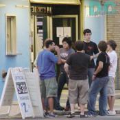 Fans wait outside for the doors to open.