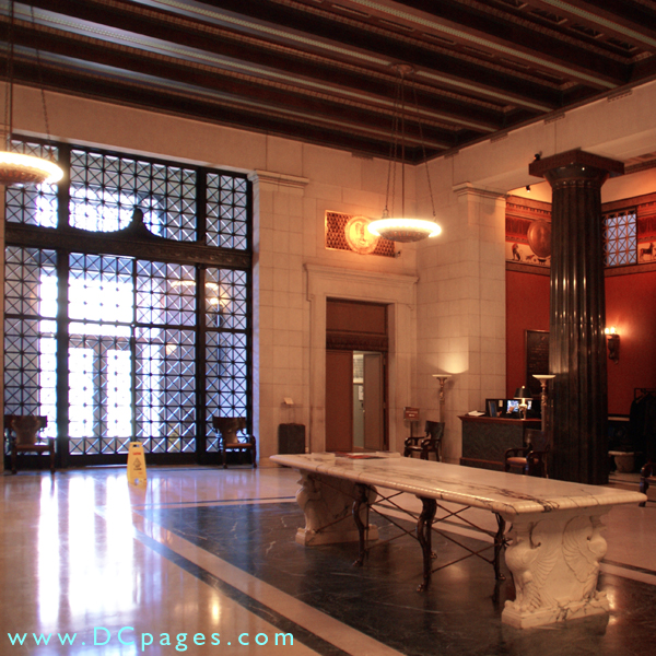 The Atrium is paved with Tavernelle marble, centered and bordered with verd antique marble. 