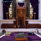 Center alter view of the House of the Temple. There are four books on the Alter; the Holy Bilble, The Jewish Tanuuk, the Koran, and the Biva Gita.