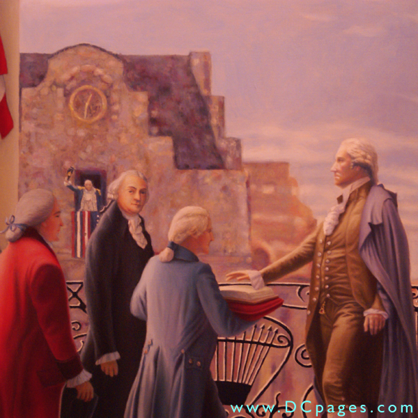 A closeup view of a painted clock reveals the time of President Washington's Innauguration at 12:35pm.