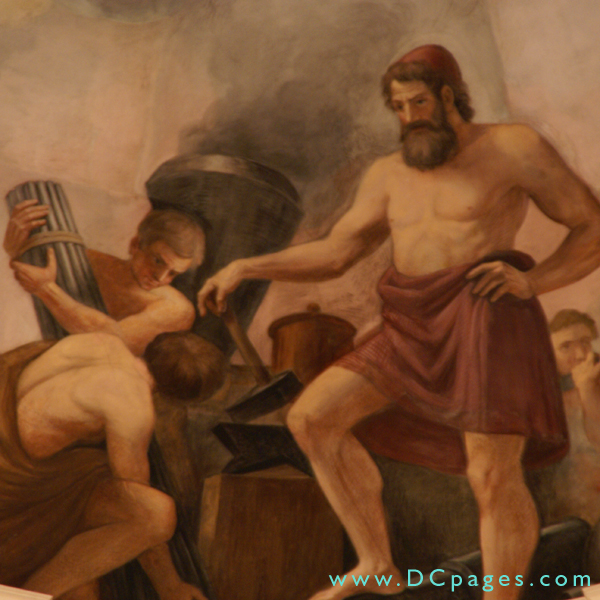 A mural depicts America's iron and steam age.