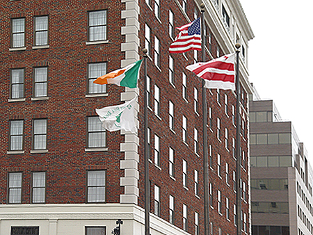 Irish Flags flutter in front of the Phoenix Park Hotel, the center of Washington DC Irish hospitality. 