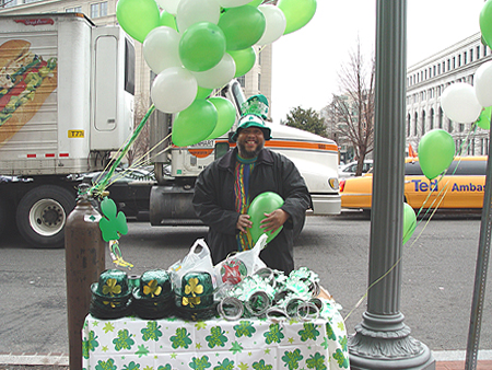 This vendor had Saint Patty's day green festive wear. Green is the colour associated with St. Patrick's Day. Leprechauns wear green. Shamrocks are Green. Ireland is green. Martians are green. Therefore, everyone should wear green.