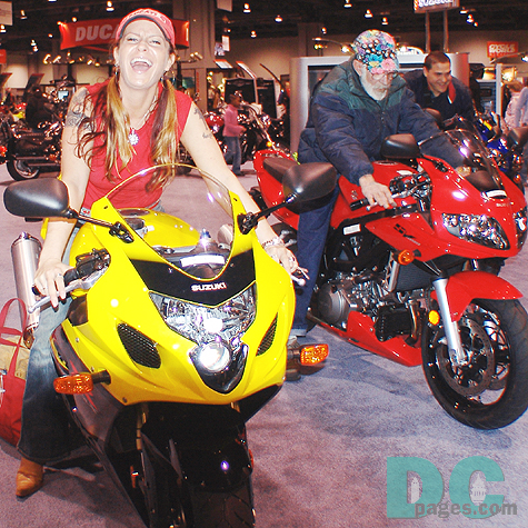 Having a laugh on a Suzuzi GSXR; Erika, a DC native, considers adding a new toy to her collection. She also liked the motorcycles!