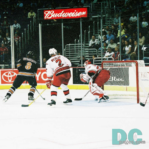 Alex Ovechkin, the top pick in the 2004 draft, looks to create offense in the Carolina end.