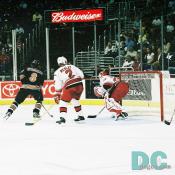 Alex Ovechkin, the top pick in the 2004 draft, looks to create offense in the Carolina end.