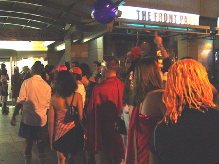 The line for the bar THE FRONT PAGE was so long that we thought they were giving drinks away