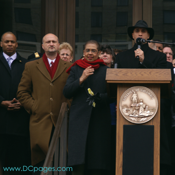 Mayor Fenty is supported before march on Capitol Hill for Congressional Voting Rights by DC Vote Executive Director, Ilir Zherka (left) DC Delegate Norton (middle). "This was nine months before the Emancipation Proclamation, so the
District was the first to be free."