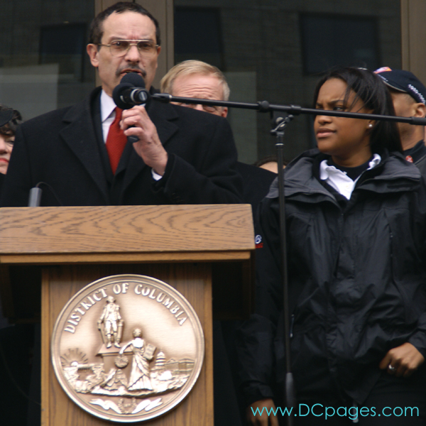 Vincent Gray, Chair of the DC City Council addresses crowd before march to Capital Hill to demand Congressional Voting Rights for DC residents. "Today is historic.It is the day we send a message to the world, and especially the Congress of the United States, that we are sick and tired of 200 years of denial, with one excuse after anoter as to why a vote for teh District in Congress is not possible." 