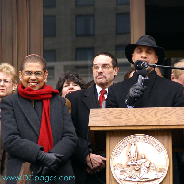 Congresswoman Eleanor Holmes Norton enjoy's Mayor Adrian M. Fenty's speech about voting rights."Freedom, to me, means the people get to pass their own laws and write
their own budgets without intervention from Congress."