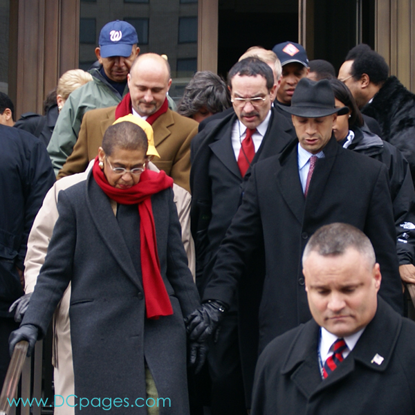 Congresswoman Eleanor Holmes Norton holds the hand of Mayor Adrian M. Fenty to show unity in their vision for DC Voting Rights.