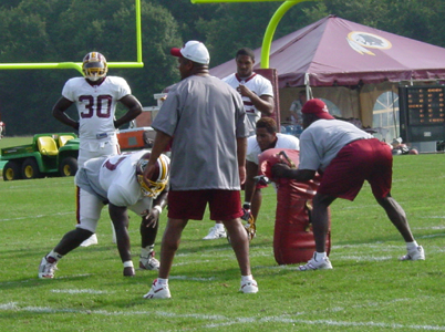 Offensive Line practices some hitting drills.