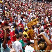 Fans get pumped up for the scrimmage. The Redskins rank #1 in average attendance per game in the NFL.