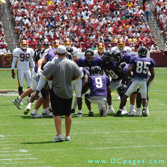 Ravens quarterback gives the play in a huddle.