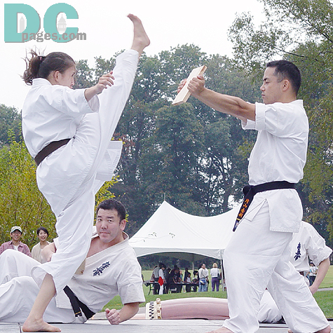 "Look at her kick!" A girl follower of Kyokushin Karate, one of the Japanese martial arts was about to break a wood board. 