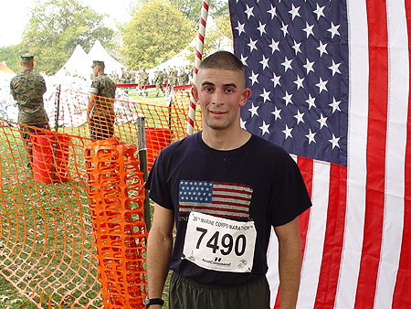 After completing the race, this Virginia resident looks for a place to rest his tired legs.