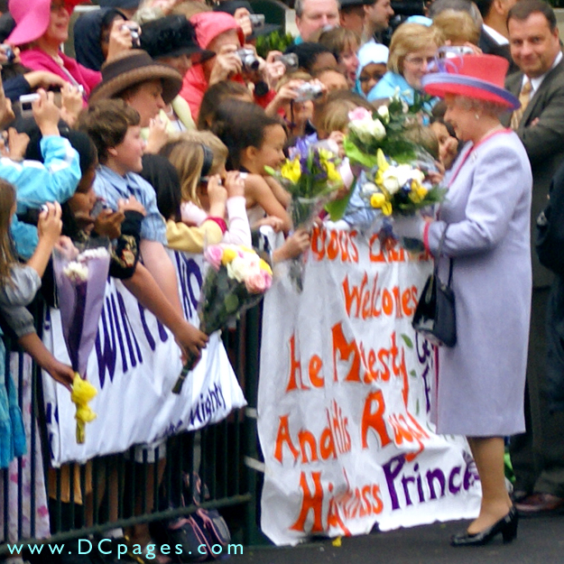 Virginia State Capitol, Richmond, Virginia - Her Majesty Queen Elizabeth, II greeted by children with flowers.