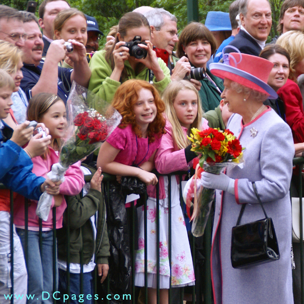 Virginia State Capitol, Richmond, Virginia - Her Majesty Queen Elizabeth, II greeted by children with flowers.
