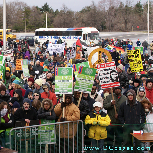 Crowd of protesters listen to the anti-war speakers.