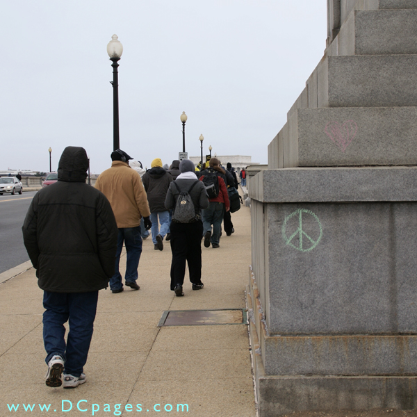 Chalk peace symbol graffiti on Memorial Bridge.