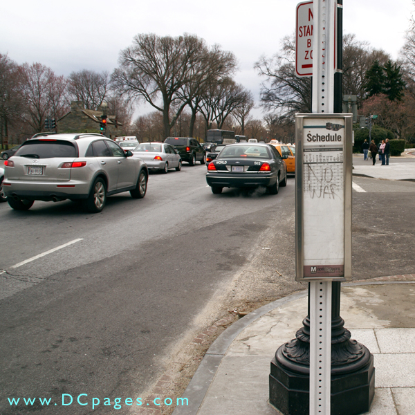 NO WAR graffiti on Metro bus stop along Constitution avenue.