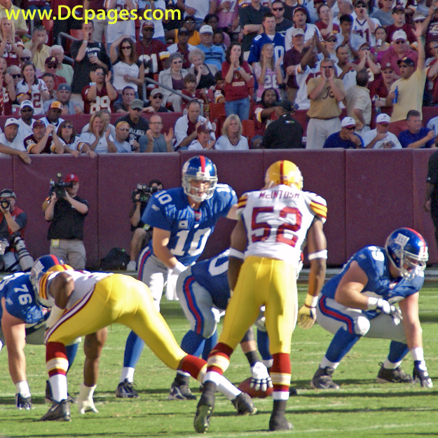 Giants' QB Eli Manning stares with fear into the eyes of LB Rocky McIntosh. 