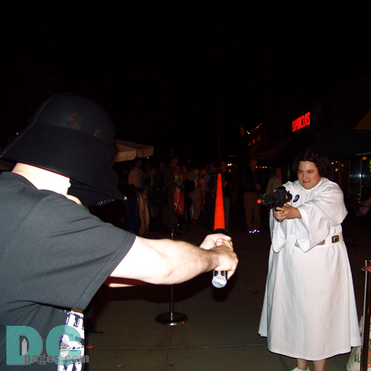 Darth Vader deflects cohesive bursts of light energy from
Princess Leia Organa's blaster pistol. 