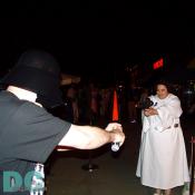 Darth Vader deflects cohesive bursts of light energy from
Princess Leia Organa's blaster pistol. 