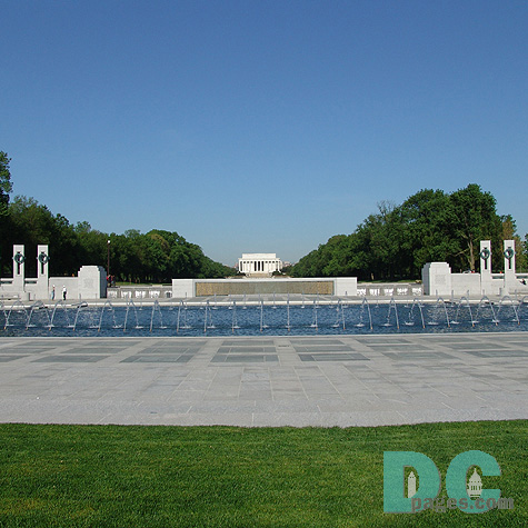 West to East View of the World War II Memorial. Lincoln Memorial in the background.