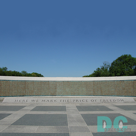 West to East View of the World War II Memorial. 4,000 sculpted gold stars commemorate the more than 400,000 Americans who died in the war. HERE WE MARK THE PRICE OF FREEDOM is incribed in granite stone.