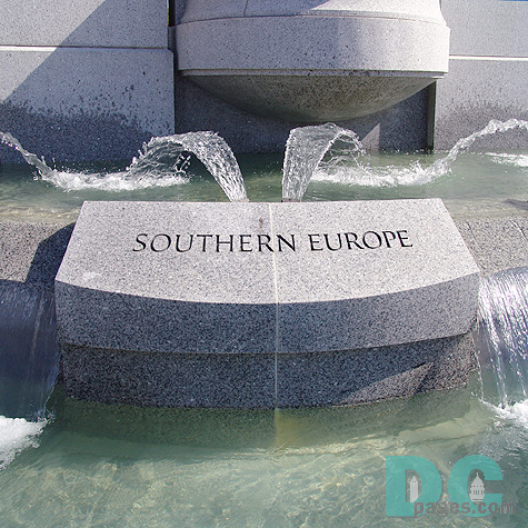 Dedication stone - Southern Europe. Three American, one Canadian, and three British divisions landed in Sicily on July 10, 1943. From beachheads on the south coast, the Allies pushed accross the island in five weeks, against four Italian and two German divisions, and overcame the last Axis resistance on August 17.