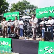 A Latino live band was playing cool music and people were dancing with it. 