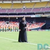 National Anthem of the Unites States sang by Sergeant 1st Class Laura Dause at the beginning of MLS Celebration game. 