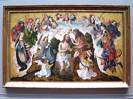 The Baptism of Christ painted by the Master of the Saint Bartholmew Altar.  This Italian Gothic Painting shows the groundwork for the Rennaisance Era that would follow immediately after the Gothic period.